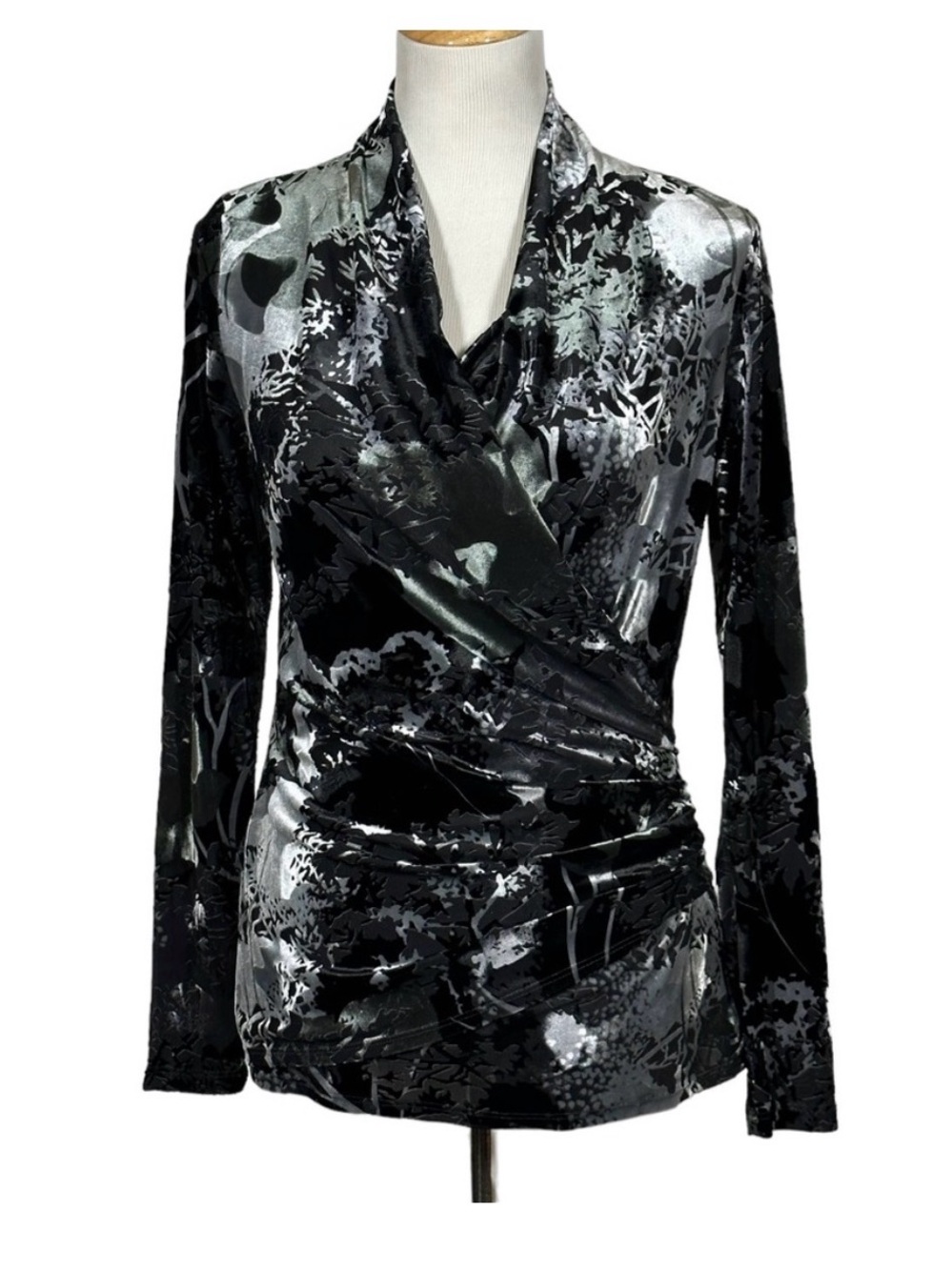 Karen Kane Black and Silver Velvet Burnout Blouse Medium